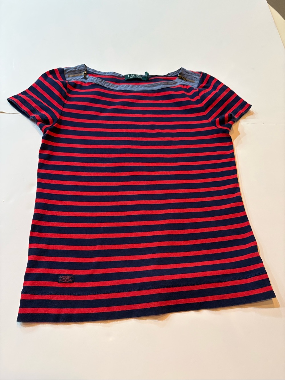 Lauren Ralph Lauren women’s Navy & Red Striped Top with Lt denim & zipper accent